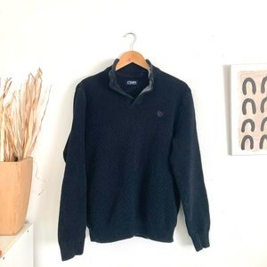 Chaps Mock Neck Button Collar Black Sweater w leather elbow details